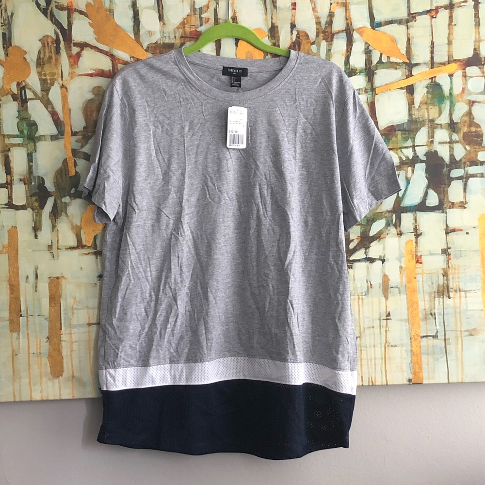 NWT Forever21 Gray Cotton Tee w/ Navy Mesh Stripe